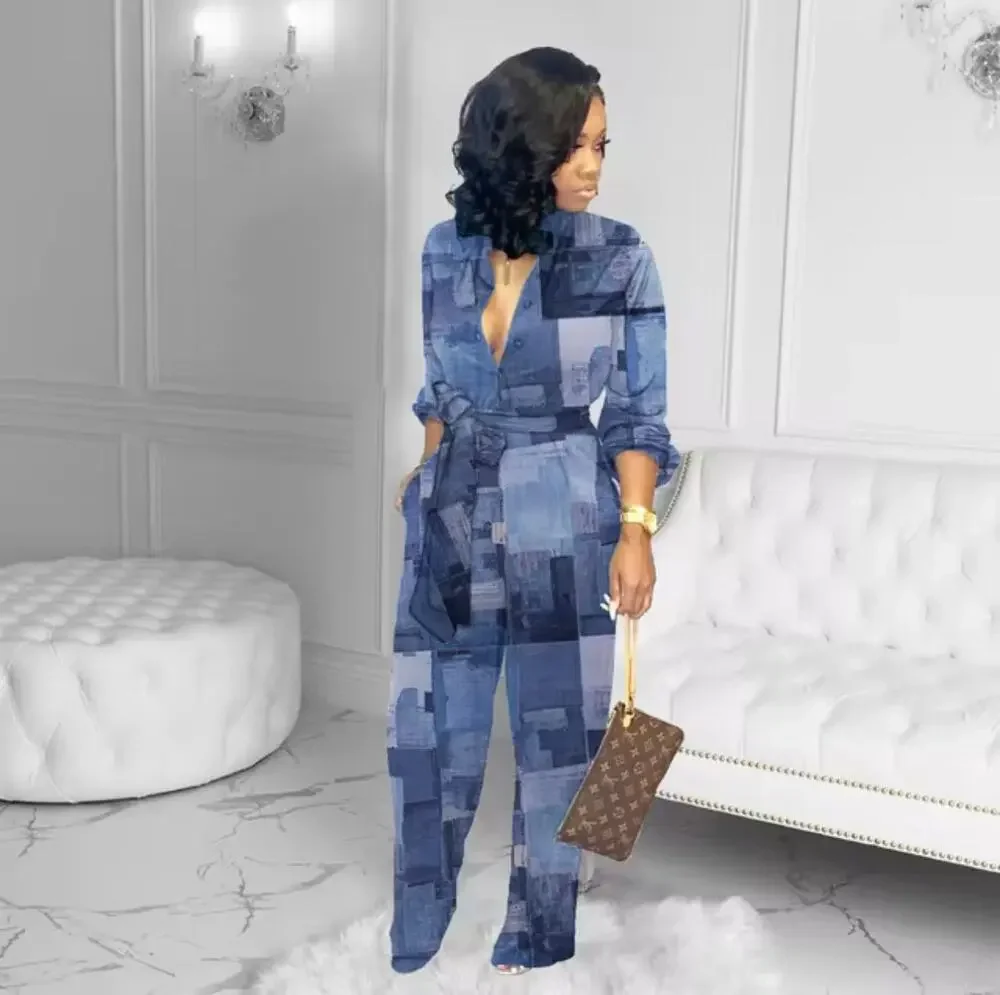 Denim Print Long Sleeve Shirt Straight Tube Jumpsuit Women Jeans High Waist M